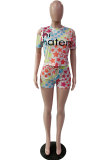Multi-color Sexy Fashion asymmetrical Print Patchwork Straight Short Sleeve Two-Piece Short Set
