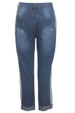 Pantaloni dritti patchwork in denim blu con cerniera e senza maniche, con foro centrale, lavaggio solido