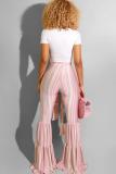 Calça elástica rosa sem mangas com estampa alta listrada com zíper e solta