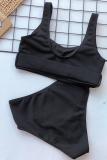 Set di bikini sexy per adulti in nylon nero a due pezzi in patchwork solido