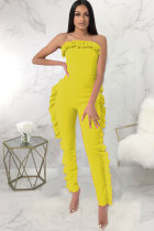 Gele mode sexy vezelige zelfkant patchwork effen mouwloze gewikkelde jumpsuits