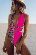 Rose rood Nylon Hooded Out Patchwork bandage Luipaard Print backless volwassen Sexy Mode Bikini Set