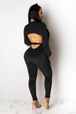 Black Sexy Fashion Solid Backless bandage Hollow Long Sleeve V Neck Jumpsuits