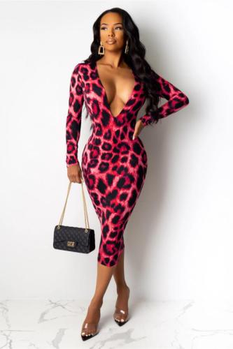 розово-красный OL Мода для взрослых с короткими рукавами и длинными рукавами V-образным вырезом Ступенчатая юбка до середины икры с леопардовым принтом