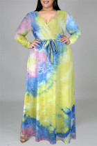 Желто-синее модное повседневное платье с принтом тай-дай и V-образным вырезом с длинным рукавом большого размера