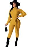黄色のセクシーなファッション包帯中空固体パッチワーク長袖タートルネック