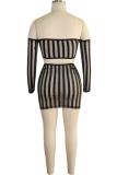 Black Fashion Sexy adult Patchwork Two Piece Suits Sequin Solid Striped Mesh perspective Hip ski