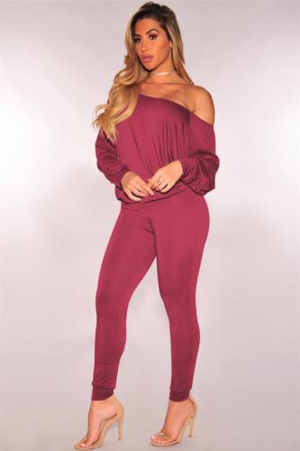 Wine Red Europe and America Fashion adult Solid Two Piece Suits Patchwork backless pencil Long Slee