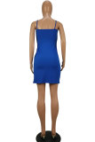 Blue Fashion Sexy Spaghetti Strap Sleeveless Slip Step Skirt Mini Patchwork Club Dresses