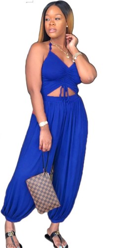 Blue Polyester Hollow Out Sashes Backless Patchwork Fashion sexy Jumpsuits & Rompers