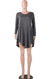 Dark Gray Sexy Cap Sleeve Long Sleeves V Neck Swagger Knee-Length Patchwork Solid 