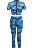 Синий сексуальный лоскутный костюм из двух частей с принтом, прямые брюки из двух частей с длинными рукавами, комплект