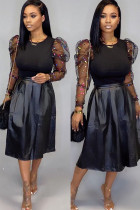 Black PU Street perspective Solid Mesh Patchwork A-line skirt Long Sleeve  Two-Piece Dress