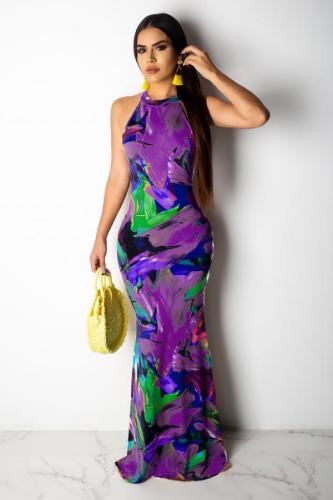 Фиолетовый сексуальный модный топ без рукавов с круглым вырезом Русалка длиной до пола, асимметричный асимметричный аргайл