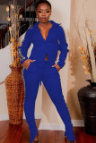 Blaue lässige zweiteilige Anzüge, Patchwork, solide, lockere, langärmelige, zweiteilige Hosen-Set