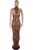serpentine Sexy Fashion adult Leopard Two Piece Suits asymmetrical Print Mesh pencil Sleeveless