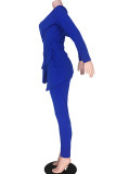Kungsblå Sexig asymmetrisk solid tvådelad kostym volang Patchwork penna långärmad tvådelad panna