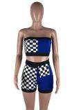 Azul Sexy Fashion crop top Ternos de duas peças xadrez patchwork skinny sem mangas