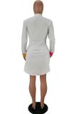 White Casual Sexy Fashion Cap Sleeve Long Sleeves Turndown Collar A-Line Knee-Length Patchwork P