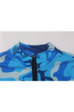 ブルーのセクシーなパッチワーク ツーピース スーツ プリント ストレート長袖ツーピース パンツ セット