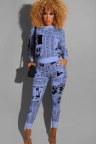 Blå vuxen Casual Mode Print Patchwork Tvådelad kostymer penna Långärmad