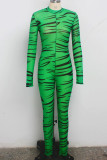 Green Sexy Print zipper Patchwork Long Sleeve O Neck 