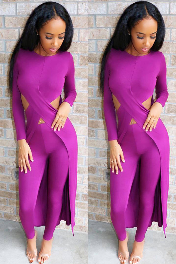 Púrpura adulto Sexy moda sólido asimétrico Patchwork trajes de dos piezas HOLLOWED OUT lápiz largo S