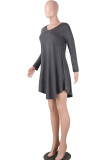 Dark Gray Sexy Cap Sleeve Long Sleeves V Neck Swagger Knee-Length Patchwork Solid 