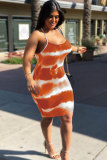 Orange Fashion Sexy Spaghetti Strap Sleeveless Slip Step Skirt Knee-Length Print Patchwork