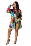 multicolor Fashion adult Sexy Cap Sleeve Long Sleeves Turndown Collar A-Line Mini fastener Patchwork