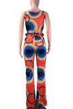 Red Sexy Print Boot Cut Sleeveless Two-piece Pants Set