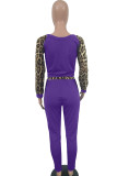 purple Casual Two Piece Suits Leopard Patchwork pencil Long Sleeve Two-piece Pants Set
