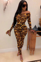 Leopard print Polyester Europe and America Patchwork Two Piece Suits Leopard Print backless pencil Long Sleeve 