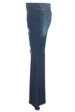 Calça jeans azul escuro com botão sem mangas e buraco alto, lavagem sólida, bota patchwork, calças cortadas