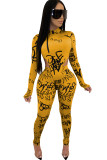 Yellow Milk Silk Sexy Print Two Piece Suits pencil Long Sleeve 