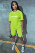 Fluorescent green Fashion adult Active Letter Print Two Piece Suits Patchwork Straight Short Sleeve Two-Pie
