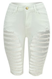 Shorts Capris de brim branco com botão e zíper e furo médio, lápis liso