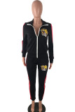 Black Casual Two Piece Suits Animal Prints Embroidery Straight Long Sleeve