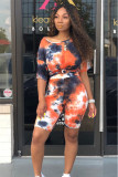 Orange Casual Fashion Tie Dye backless Slim fit Two Piece Suits asymmetrical Regular Half Sleeve Two-Piece