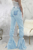 Ljusblå jeansknapp fluga ärmlös hög lapptvättning Hål Solid bandage Boot Cut Byxor