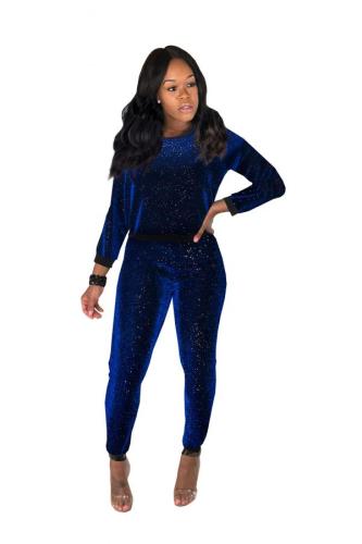 Blue adult Sexy Fashion Sequin Two Piece Suits Geometric pencil Long Sleeve Two-piece Pants Se