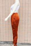 Pantalon droit décontracté à taille moyenne et à cordon de serrage marron