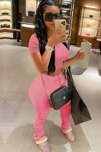 Pink knit Sexy Solid Patchwork Two Piece Suits Straight Short Sleeve 