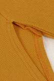 黄色のセクシーなファッション包帯中空固体パッチワーク長袖タートルネック