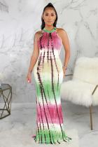 ローズレッドファッションセクシーなタンクノースリーブOネック非対称床長さのプリントパッチワーククラブドレス