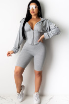 Grey Casual Two Piece Suits Print Zippered Solid pencil Long Sleeve