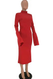 Wine Red Sexy Bell sleeve Long Sleeves Turtleneck Step Skirt Mid-Calf asymmetrical Solid Patchwork