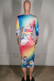 Multi-color Milk. Sexy Cap Sleeve Long Sleeves V Neck Step Skirt Mid-Calf Floral Print 