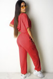 Set di pantaloni in due pezzi dritti solidi patchwork sexy moda rossa