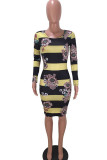 Black yellow Fashion Casual Sexy Cap Sleeve Long Sleeves O neck Step Skirt Knee-Length Striped Floral P